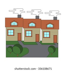 Thin line flat design of domestic architecture.townhouses isolated on white background.