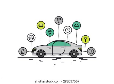 Thin line flat design of driverless car technology features, autonomous vehicle system capability, internet of things road transport. Modern vector illustration concept, isolated on white background.