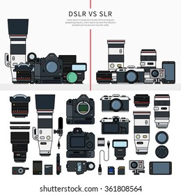 Thin line flat design of DSLR and SLR cameras. Digital single-lens reflex and single-lens reflex camera sets, parts of these cameras in order, lengs, cables, memory cards isolated on white background