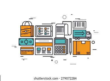 Thin line flat design of e-commerce services and retail goods delivery, online shopping checkout, paying for market product on website. Modern vector illustration concept, isolated on white background