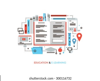 Thin line flat design of e-learning education process, online books for learning applied science, internet library and tutorial study. Modern vector illustration concept, isolated on white background.