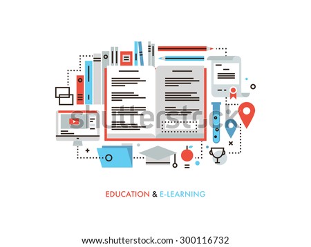 Thin line flat design of e-learning education process, online books for learning applied science, internet library and tutorial study. Modern vector illustration concept, isolated on white background.