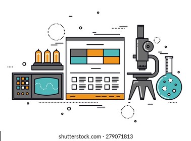 Thin line flat design of electrical science research, technical documentation on website, vacuum lamp tube and retro oscilloscope. Modern vector illustration concept, isolated on white background.