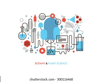 Thin line flat design of experimental plant biology, biochemistry process in nature, genetics cell development, botany science study. Modern vector illustration concept, isolated on white background.