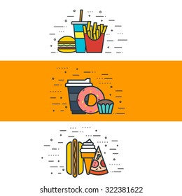 thin line flat design of fast food products, fried potatoes, sandwich, soda, coffee, sweets, hot dog, ice cream, pizza. Modern vector illustration concept banners