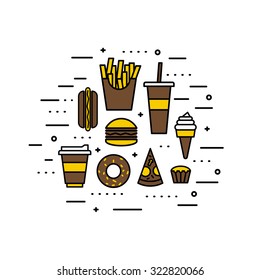 Thin Line Flat Design Of Fast Food Products. Modern Vector Illustration