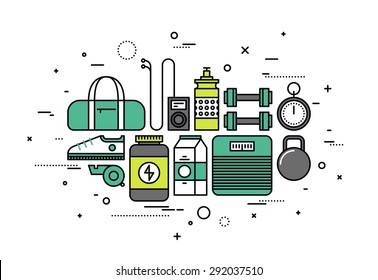 Design plano de linha fina de equipamentos esportivos de fitness para atletas, itens de treinamento esportivo e dieta de ginástica, dieta de peso para uma vida saudável. Conceito de ilustração vetorial moderno, isolado em fundo branco