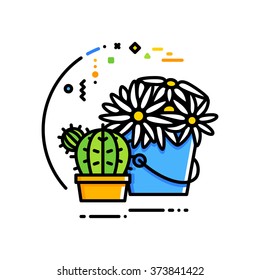 Thin line flat design of flowers and plants. A cactus and a vase of daisies
