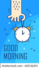 Thin line flat design. Good morning card. Vector banner with hand and alarm clock.