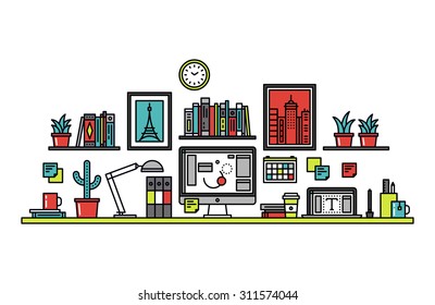 Thin line flat design of graphic designer workplace desk, creative office room interior, desktop computer on digital artist work place. Modern vector illustration concept, isolated on white background