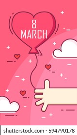 Thin line flat design greeting card. Hand with balloon and hearts. International Women's Day. Vector banner.