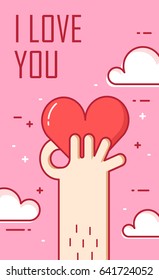 Thin line flat design. Greeting card with hand and big heart. I love you. Vector banner.