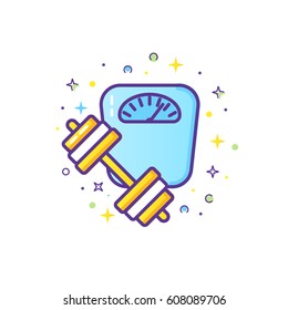 Thin line flat design icons of scales and dumbbells, concept for weightloss and sport. Healthy lifestyle banner concept. Modern vector illustration.