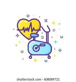 Thin line flat design icons of Exercise bike, concept for cardio training and sport. Healthy lifestyle banner concept. Modern vector illustration.