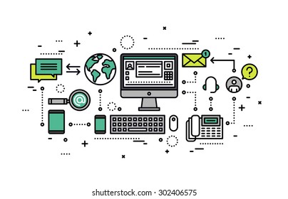 Thin line flat design of information retrieval, web search query, business support providing solution, online client service assistance. Modern vector illustration concept isolated on white background