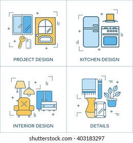 Thin line flat design for interior design website with line icons furniture, decor elements. Modern vector illustration concept, isolated on white. Flat line design for website element and Web Banner.