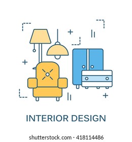 Thin line flat design for interior design website with line icons furniture, decor elements. Modern vector illustration concept, isolated on white. Flat line design for website element and Web Banner.