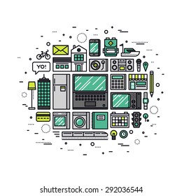 Thin line flat design of internet of things technology, IOT future network infrastructure of consumer electronics and home appliances. Modern vector illustration concept, isolated on white background.