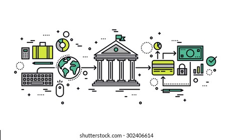 Thin line flat design of internet banking transaction, secure money transfer using credit card, online financial business operations. Modern vector illustration concept, isolated on white background.