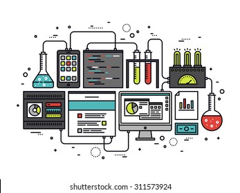 Thin line flat design of internet website content research, web CMS analysis measure, product testing technology, big data analytics. Modern vector illustration concept, isolated on white background.