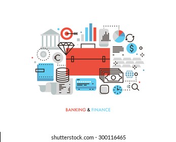 Thin Line Flat Design Of Investment Portfolio And Finance Strategy, Financial Services For Corporate Business, Stock Market Analytics. Modern Vector Illustration Concept, Isolated On White Background.