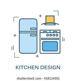 Thin line flat design of kitchen design banner. Modern vector illustration concept, isolated on white background. 