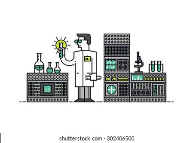 Thin line flat design of lab scientist holding solution formula, medical discovery for health care, chemical substance analyze in flask. Modern vector illustration concept isolated on white background svg