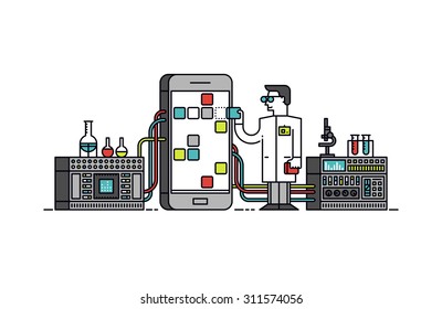 Thin line flat design of lab scientist holding mobile app store solution, smartphone application analysis and study, technical service. Modern vector illustration concept, isolated on white background