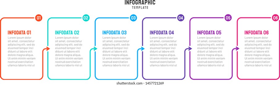 Thin line flat design label process. Business infographic with 6 steps, options, arrows, rectangle. Vector linear elements for presentation.