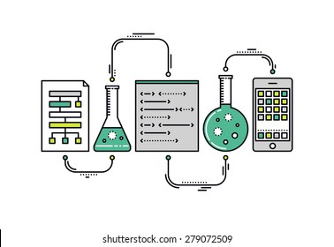 Thin line flat design of laboratory experiment with scientific datum, chemical reaction process, science big data analysis, mobile app. Modern vector illustration concept, isolated on white background