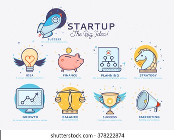 Thin line flat design of launching new business idea, rocket start for market innovation project, shuttle takeoff on a success mission. Modern vector illustration concept, isolated on white background