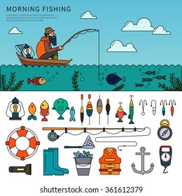 Thin line flat design of man fishing. Young man sits in the boat fishing in the morning, Fishing tackles, fishhooks, rods, minnows and other equipment  isolated on white background