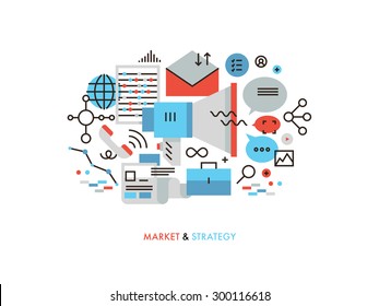 Thin line flat design of market strategy analysis, online marketing research, global business promotion,  information data management. Modern vector illustration concept, isolated on white background.
