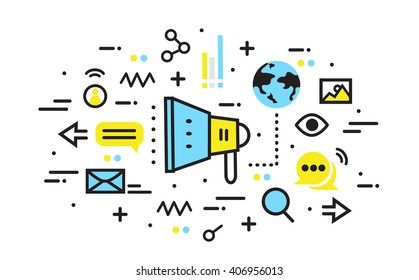 Thin line flat design of market strategy analysis,online marketing research, global business promotion, Modern vector illustration concept, isolated on white background.