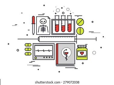 Thin line flat design of medical equipment, medicine research and hospital records, healthcare diagnostics, science analysis.  Modern vector illustration concept, isolated on white background.