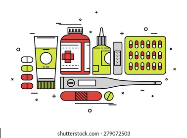 Thin line flat design of medication supplies, aspirin and painkiller pills, medical tools, healthcare equipment for health treatment. Modern vector illustration concept, isolated on white background.