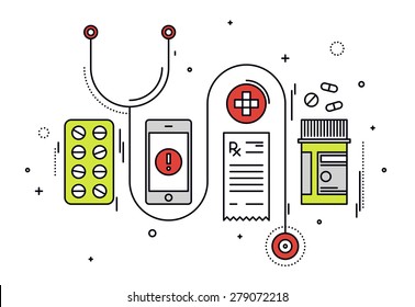 Thin line flat design of medicine diagnostic and medication prescription, healthcare equipment, medical app service on smartphone. Modern vector illustration concept, isolated on white background.