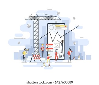 Thin line flat design of mobile app construction site, smartphone user interface building process, api coding for phone application. Flat geometric linear illustration.