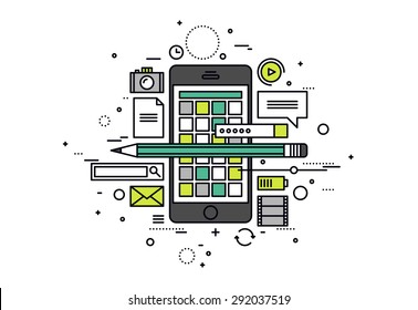 Thin line flat design of mobile apps development process, smartphone user interface construction, api testing for phone application. Modern vector illustration concept, isolated on white background.