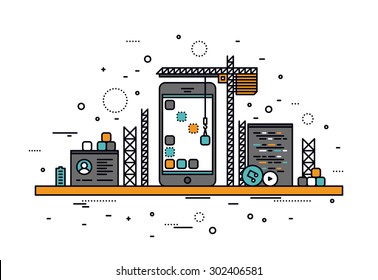 Thin line flat design of mobile app construction site, smartphone user interface building process, api coding for phone application. Modern vector illustration concept, isolated on white background.