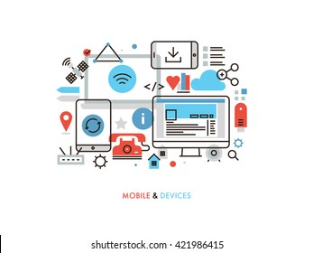 Thin line flat design of mobile technology, network connection synchronization for devices, internet of things as future communication. Modern vector illustration concept, isolated on white background