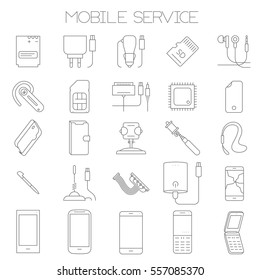 Thin line flat design mobile service and parts vector icon set.