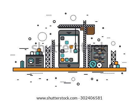 Thin line flat design of mobile app construction site, smartphone user interface building process, api coding for phone application. Modern vector illustration concept, isolated on white background.