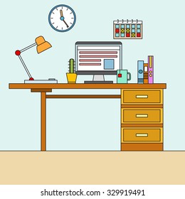 Thin line flat design of modern designer workspace with desktop computer, developer work place, artist equipment in office interior. Modern vector illustration concept, isolated on white background.