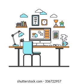 Thin line flat design of modern workspace with desktop computer, developer work place, artist equipment in office interior. Modern vector illustration concept, isolated on white background.