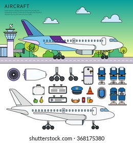Thin line flat design of the modern aircraft. Icons for aircraft building companies. Aircraft details, wheels, doors, turbines and other airport equipment isolated on white background