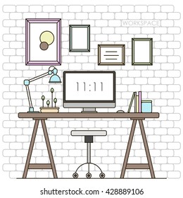 Thin line flat design of modern designer workspace with desktop computer and frames