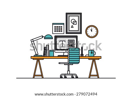 Thin line flat design of modern designer workspace with desktop computer, developer work place, artist equipment in office interior. Modern vector illustration concept, isolated on white background. 