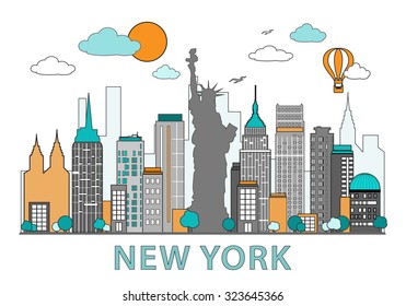 Thin line flat design of New York city. Modern NY skyline with landmarks vector illustration, isolated on white background