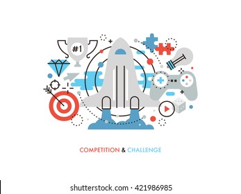 Thin line flat design of new challenge opportunity, business competition achievement winning strategy, user gamification activity. Modern vector illustration concept, isolated on white background.